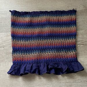 Navy strapless top with rainbow stitching